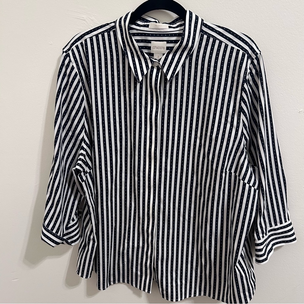 Chico’s 3/4 Sleeve Black White Stripe Dot Oxford Button Shirt Top Sz 4 XXL - Picture 3 of 7